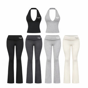Conjunto de Dos Piezas para Mujer, Top Corto con Cuello Halter y Pantalones Acampanados, Elástico, para Yoga o Descanso - Product Image 3
