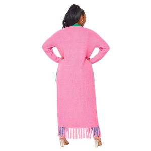 Cárdigan de punto estilo griego rosa y verde con flecos, cárdigan largo abierto con ribete en contraste, ropa exterior para mujer, rosa, verde, C - Product Image 3