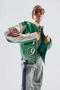 Veste de sport en cuir véritable vert et blanc, en cuir PU, coupe-vent, manches longues, col montant, fermeture éclair, logo imprimé, pour femmes - Product Image 2