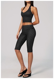Black Polka Dot Yoga Set Halter <b>Crop</b> <b>Top</b> High Waist Calf-Length Pants 2 Piece Spandex Polyester Breathable - Product Image 5