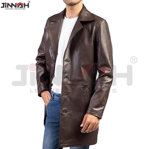 New Long Jet <b>Black</b> Leather Coats Fully Customized With Front Style Double-breasted Buttons Belt Collar Style Shirt Center - Product Image 2