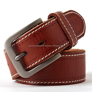 Ceinture décontractée en cuir de vachette marron originale sur mesure pour unisexe avec coutures blanches et boucle ardillon en laiton - Product Image 1