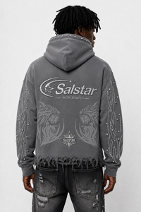 Sweat-shirt à capuche gris vieilli personnalisé avec strass pour homme, style streetwear, logo personnalisé, impression graphique et manches ornées - Product Image 5
