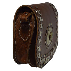 BiyaDNA Store-Sac à main élégant en cuir de veau marron en forme de selle, motif de pierre, plaque d'or, accessoire de voyage vintage haut de gamme - Product Image 2