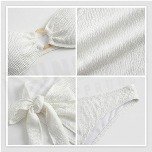 <b>White</b> 2 Piece <b>Bikini</b> <b>Set</b> Bandeau Top With Ring Detail Tie Side Bottom Solid Color Stretch Knitted Women's Swimwear - Product Image 4