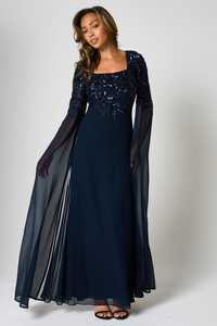 Vestido de Noche Azul Marino con Cuello Cuadrado y Lentejuelas, Manga Capa, Gasa Transparente, Corte A, Largo hasta el Suelo, Maxi Vestido con Sujetador Incorporado, Elegante - Product Image 3