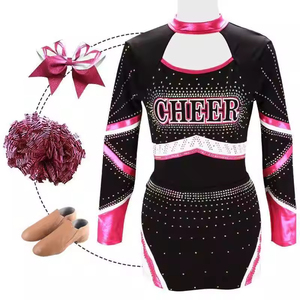 Ensemble d'uniformes de cheerleading noir et rose avec strass imprimés, robe à manches longues en polyester, pompons et nœuds pour adultes, sur mesure, haute qualité - Product Image 1