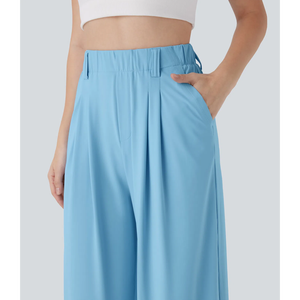 Pantalones Anchos Plisados de Cintura Alta para Mujer, Color Sólido, Corte Holgado, Tela Crepé, Casuales de Verano, Largos, Cintura Elástica, Azul - Product Image 4