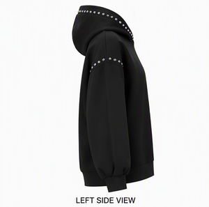Sudadera con Capucha Negra para Mujer, Tejida, de Manga Larga, Corte Regular, Otoño Invierno, con Pedrería - Product Image 5