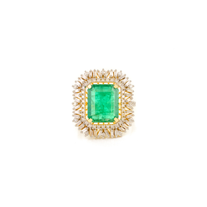Diseño Lujoso y Exquisito de 4.83ct. Anillo llamativo con esmeralda zambiana y diamantes en oro sólido de 14K, joyería audaz para boda - Product Image 1
