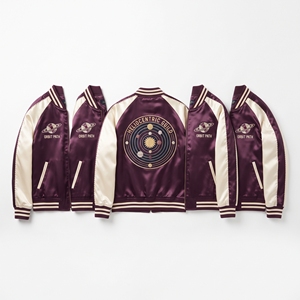 Custom Satin Bomber Jacket Maker Copper Cream Palm Oasis Embroidered Varsity <b>Coat</b> Front Zip Ribbed Trim Supplier - Product Image 2