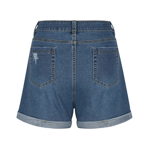 Shorts de Mezclilla de Cintura Alta para Mujer, Color Sólido, Botones Frontales, Lavado Desgastado, Dobladillo con Volantes, Estilo Casual de Verano, Calidad Superior - Product Image 4