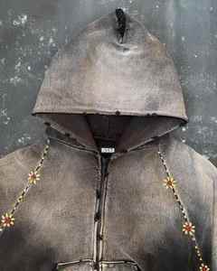 Sudadera con capucha unisex con cremallera y estampado floral desgastado, estilo vintage, marrón, oversize, streetwear, con brillo floral, 2026 - Product Image 6