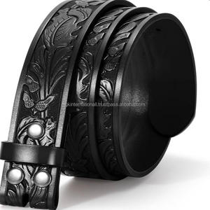 Cinturón de Cuero Occidental Negro Auténtico, Tallado a Mano con Diseño Floral en Relieve, Elegante, para Hombre y Mujer, a Precio Económico - Product Image 1