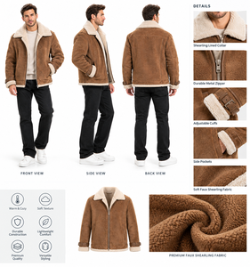 Men's Genuine Leather Shearling Bomber Jacket Fur Collar Windproof Winter Solid Streetwear Cotton <b>Lined</b> Zip up Outerwear - Product Image 5