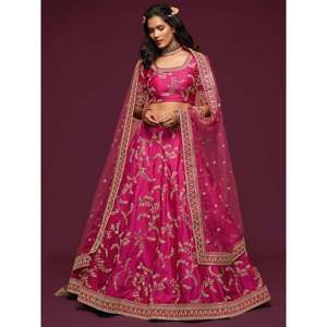 Encantador vestido de novia de seda Rosa Lehenga Choli con arte Bordado de hilo elegante - Product Image 5