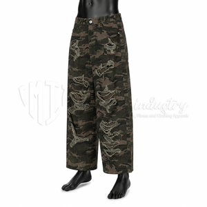 Jean en denim camouflage taille haute à jambe large pour homme, déchiré, coupe ample, style streetwear, mode automne, en coton, effet usé - Product Image 3
