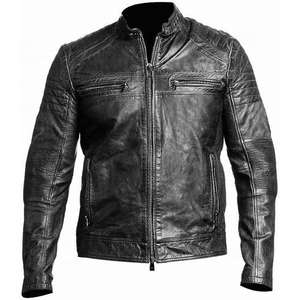 Veste en cuir pour homme, style motard, col montant, coupe trench-coat, pour la moto - Product Image 1