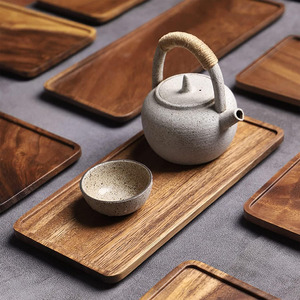 Plateau en bois en forme de rectangle Lot de 2 acacia pour thé café gâteau pain collations ou fruits utilisation dans la cuisine salle à manger ou affichage à la maison - Product Image 4
