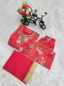Designer Red Floral Anarkali Suit Set with Dupatta Girls Children Ethnic <b>Wedding</b> Party Wear Dress for Winter Summer - Product Image 4