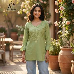 <b>Indian</b> Trendy Teal Heavy Rayon Short Kurtis <b>Top</b> With Embroidery Work Loose Fit Midi Traditional <b>Indian</b> Pakistani Casual Wear - Product Image 5