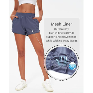 Shorts de sport pour femme en polyester respirant bleu acier, taille haute, avec ourlet incurvé, pour la course, l'entraînement et le yoga - Product Image 4