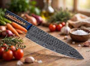 Cuchillo de Cocina de Acero de Damasco de 8 Pulgadas con Hoja Recta y Biselada, Mango de Madera, Artesanía - Product Image 2