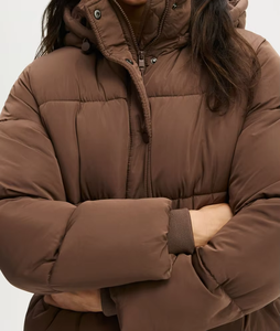 Women's Quilted Puffer Jacket <b>Stand</b> Collar Zipper Closure Winter Warm Coat Full Sleeve Solid Color 100% Polyester - Product Image 4
