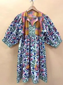 Elegant Boho <b>White</b> Pink Floral Handcrafted Cotton Midi Dress with Tie Neck and Ethnic Print Casual Dress For Women - Product Image 2
