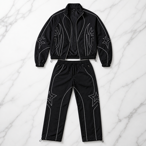 Unisex Black Tracksuit White <b>Star</b> Solid Full Zip <b>Jacket</b> Joggers Regular Fit Winter Sporty Streetwear Breathable Nylon - Product Image 1
