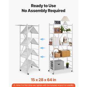 Estante de almacenamiento plegable de metal blanco de 5 niveles con ruedas Estanterías portátiles - Product Image 2