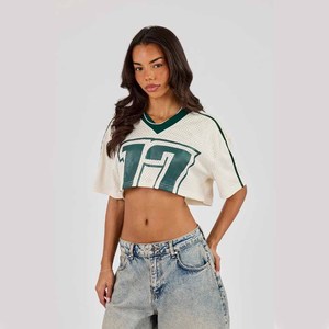 Crop top blanc pour femme, col en V, manches courtes, coupe ample sportive, respirant, avec logo vert, printemps été - Product Image 5
