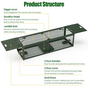กรงดักหนูแบบ 2 ประตู ขนาด 15.35x4.72x3.94 นิ้ว ทำจากเหล็กชุบสังกะสี แพ็ค 2 ชิ้น ใช้ซ้ำได้ เหมาะสำหรับบ้าน สวน ฟาร์ม โกดัง จับหนูได้อย่างมีมนุษยธรรม - Product Image 2