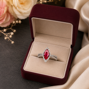14K Gold Marquise Ruby Ring | Diamond Halo Engagement Ring | Red Gemstone Fine Jewelry | Luxury Anniversary Gift for Women - Product Image 2
