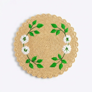 Handmade <b>Round</b> raffia <b>Table</b> <b>Mats</b> With Floral Embroidery Bohemian Style 260Mm Diameter - Product Image 1
