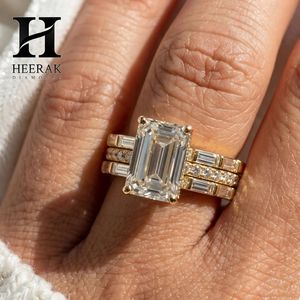 Trendy Elongated Emerald Cut Wedding <b>Ring</b> <b>Set</b> Heavy 3 Layer Interlocking Step Cut Band 10K 14K Yellow <b>Gold</b> Jewelry - Product Image 1