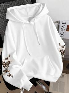 White Women's Oversized Butterfly Graphic Print Hoodies Cotton Blend <b>Back</b> Sleeve Print <b>Drop</b> Shoulder Private Label Bulk Order - Product Image 3