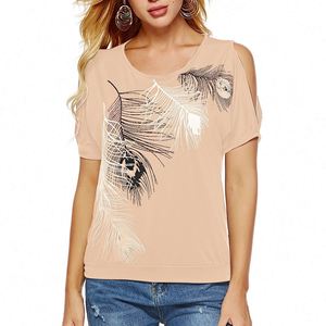 <b>Women</b> Summer Satin Breathable Quick Dry Casual Short Sleeve Sexy off Shoulder Feather Print <b>Loose</b> Plus Size 2XL T-<b>shirt</b> - Product Image 3