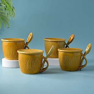 Beige Striped <b>Ceramic</b> Soup <b>Mug</b> with <b>Lid</b> and Spoon Set 600ml Glazed Microwave Safe Coffee <b>Mugs</b> (Set of 4) - Product Image 5
