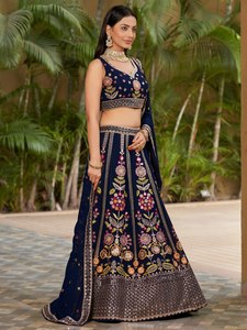Navy Blue A-Line Floor-Length Embroidered <b>Lehenga</b> Choli with Floral Print and Organza Dupatta for Bridesmaid Wear - Product Image 2