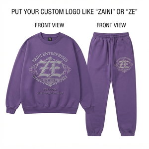 Men Premium 240g Polyester/Cotton Breathable Lightweight Winter Sweat Suit Set Custom Rhinestone Logo Purple <b>Crewneck</b> Sweatshirt - Product Image 1