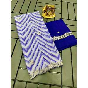 DISEÑADOR CHINON SECUENCIA DE HILO IMPRESO DE SECUENCIA TRABAJO SAREE CON BLUSA DESCOSADA AZUL - Product Image 1