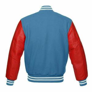 Chaqueta Varsity Moderna de Lana Azul con Mangas de Cuero Rojo y Ribete Azul y Blanco para Colecciones de Ropa Urbana Personalizadas al por Mayor - Product Image 2