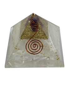 Pyramide de cristal pour l'énergie positive, pyramide de Reiki en sélénite avec couche de cuivre et cristal d'améthyste brut - Product Image 1