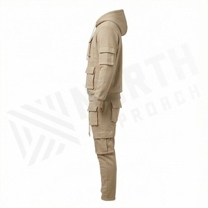 Ensemble de survêtement à capuche pour homme, couleur unie, poches cargo, fermeture à cordon, vêtements décontractés d'automne, manches longues, coupe régulière, 100% coton - Product Image 3
