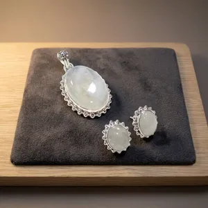 925 Sterling Silver Rainbow Moonstone Jewelry Set Pendant Earrings Oval Gemstone Bezel Setting Women's Classic Everyday Wear - Product Image 2
