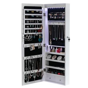 Armadietto da Parete in Legno Bianco a 4 Ripiani con 2 Cassetti e 8 Luci LED Blu, Non Completamente a Specchio, per Conservazione Gioielli - Product Image 5