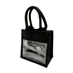 Bolsa de tela de algodón de arpillera transparente con logotipo personalizado, bolsa de mano de color negro, malla transparente, Pvc, para regalo, venta al por mayor - Product Image 1