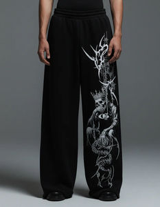 Pantalones Góticos de Pierna Ancha Negros, Largos, de Cintura Alta, Ajuste Holgado, con Estampado de Calavera, Serigrafía y Bordado Decorativo en la Pierna Derecha - Product Image 5