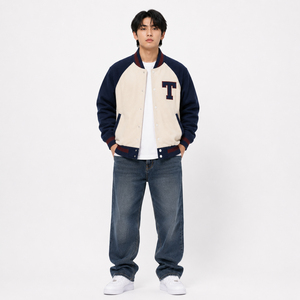 Blouson universitaire pour homme bleu marine avec lettre T brodée, style décontracté, coupe classique, vêtement d'extérieur d'automne, service OEM, 100% coton, col montant - Product Image 4